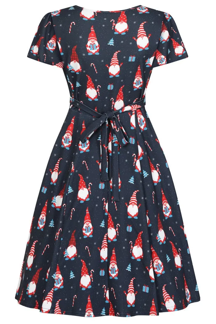 Lady Vintage Lyra Mini Dress in Xmas Gnomes Print Christmas