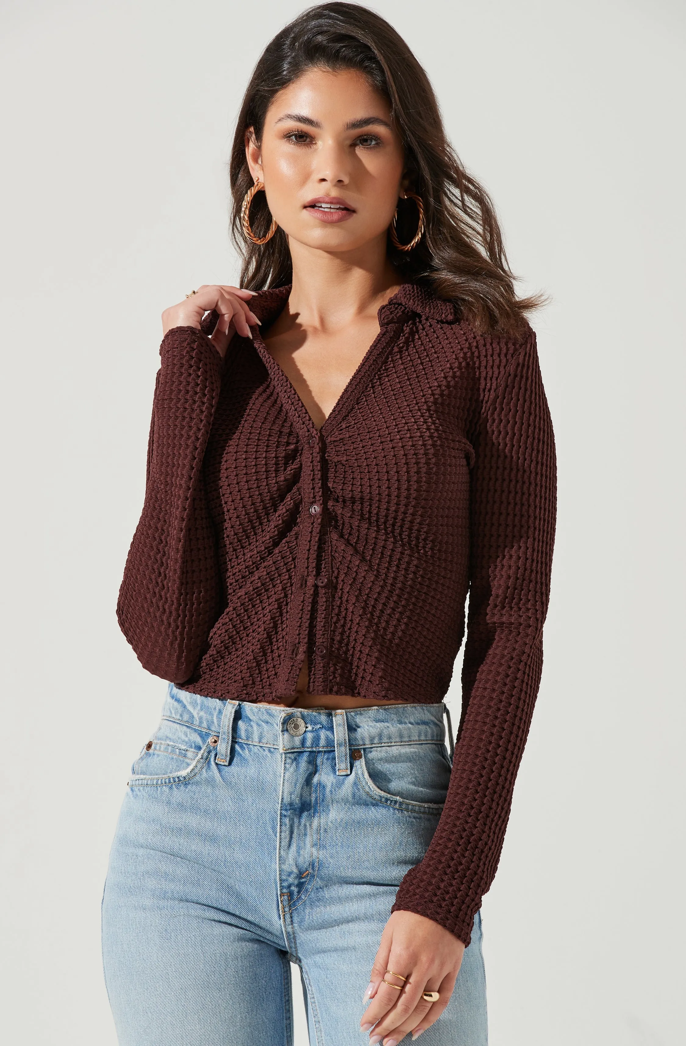 Lamora Waffle Knit Ruched Button Down Top