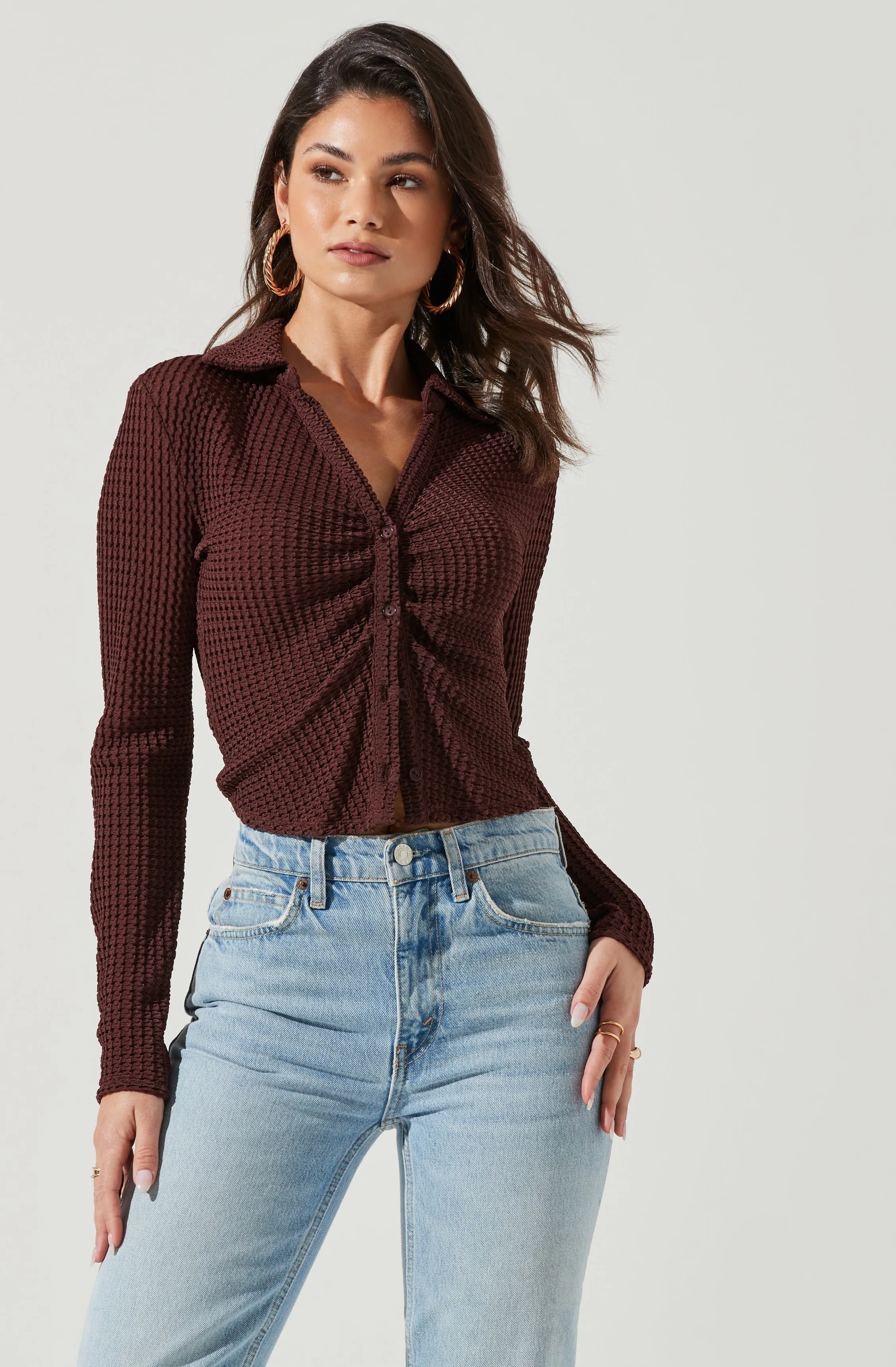 Lamora Waffle Knit Ruched Button Down Top