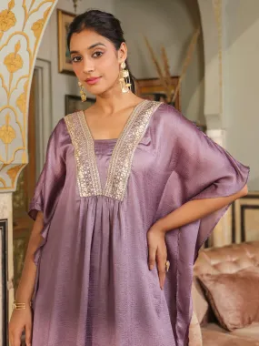 Lavender Silk Blend Yoke Embroidered Kaftan Co-Ord Set