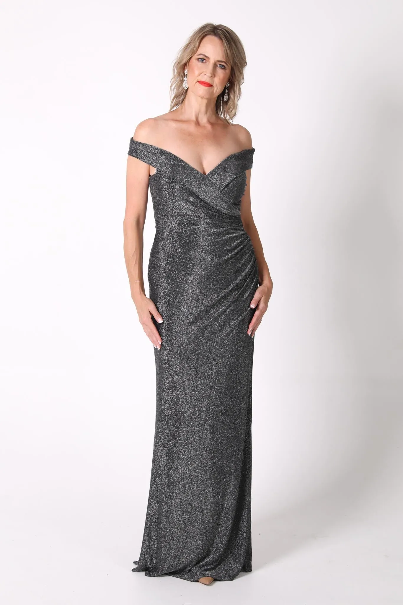 Lawrence Off Shoulder Maxi Dress - Shimmer Grey