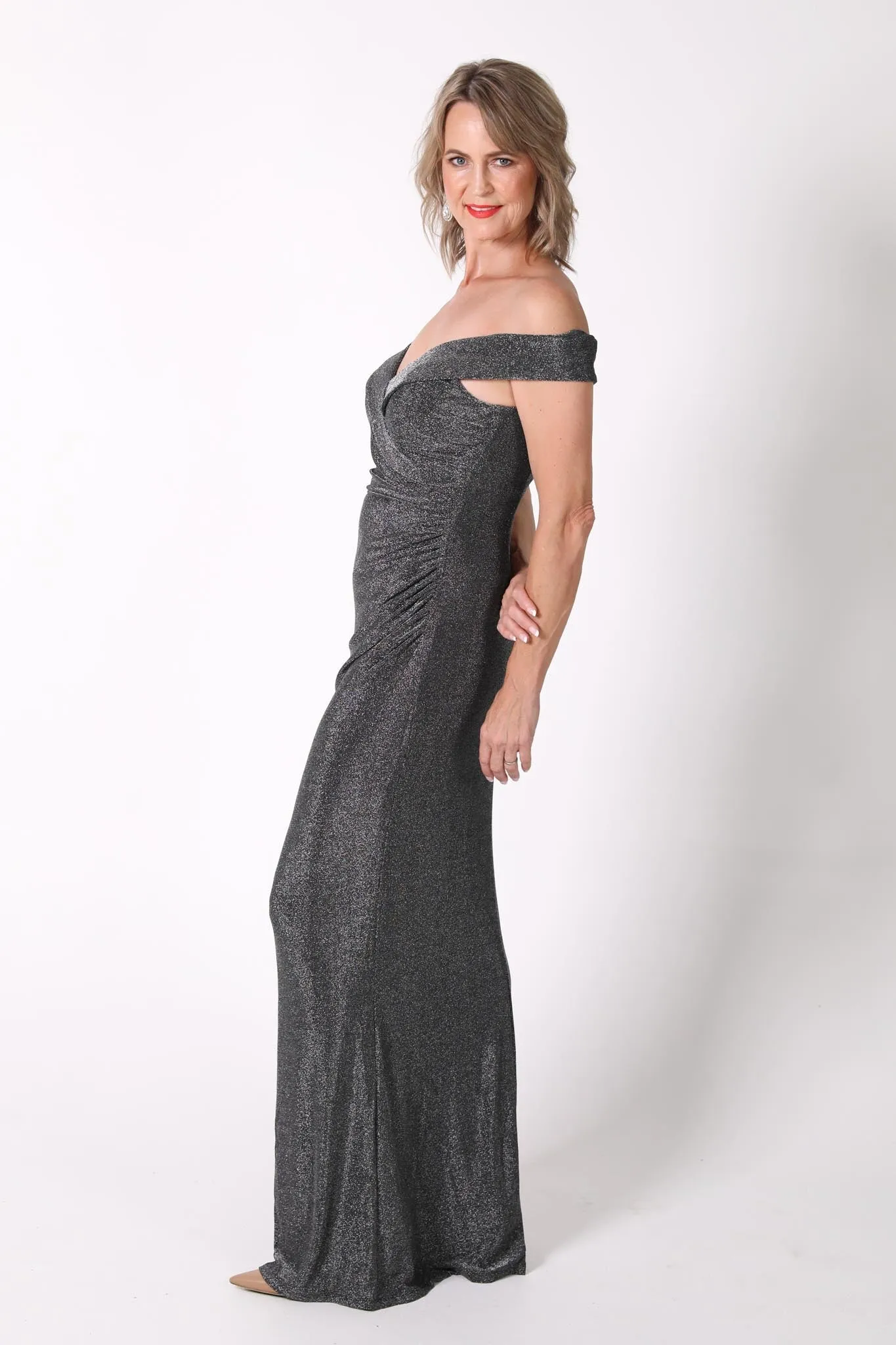 Lawrence Off Shoulder Maxi Dress - Shimmer Grey