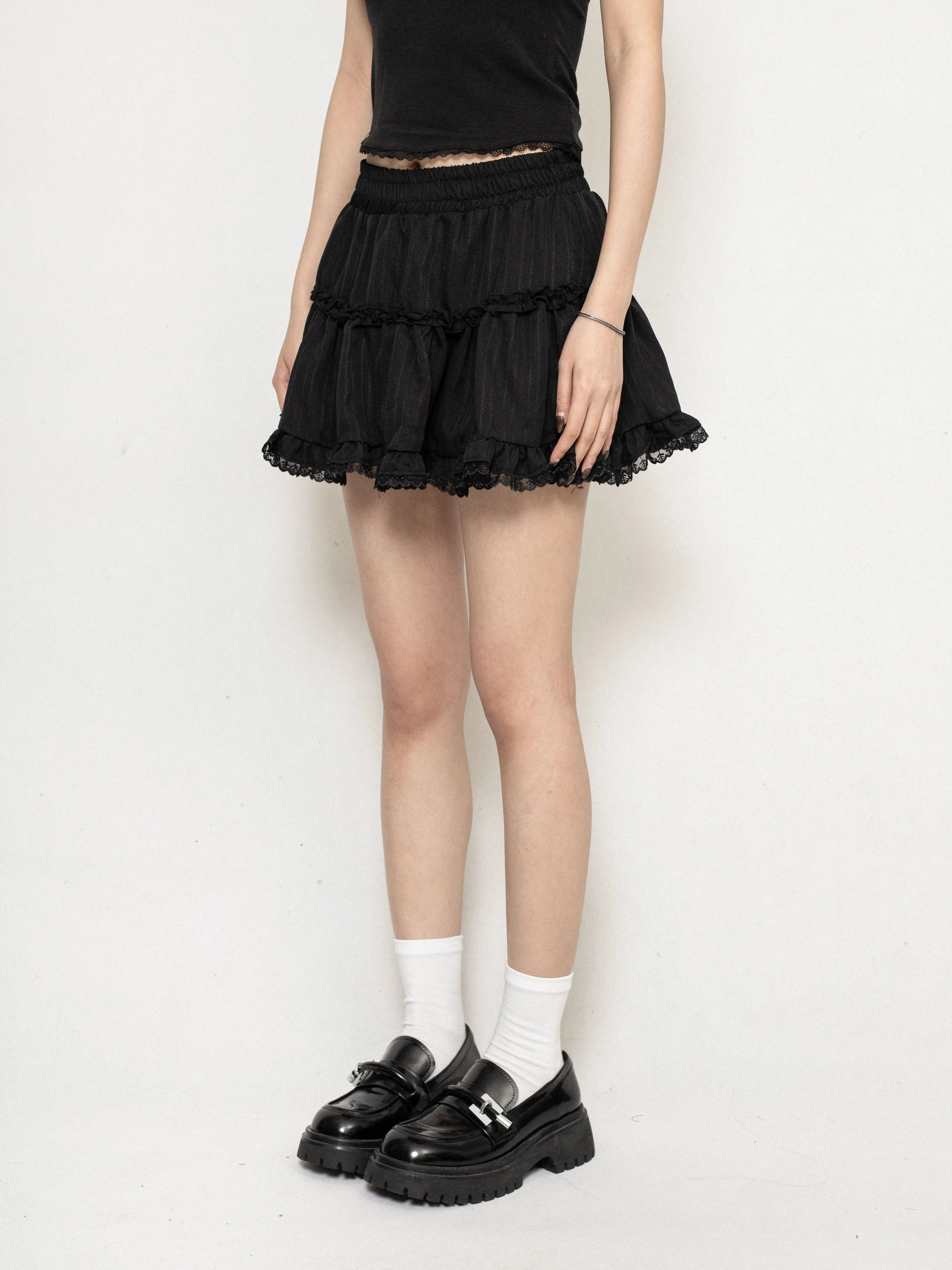 Layered Ruffle Mini Skirt with Lace Trim