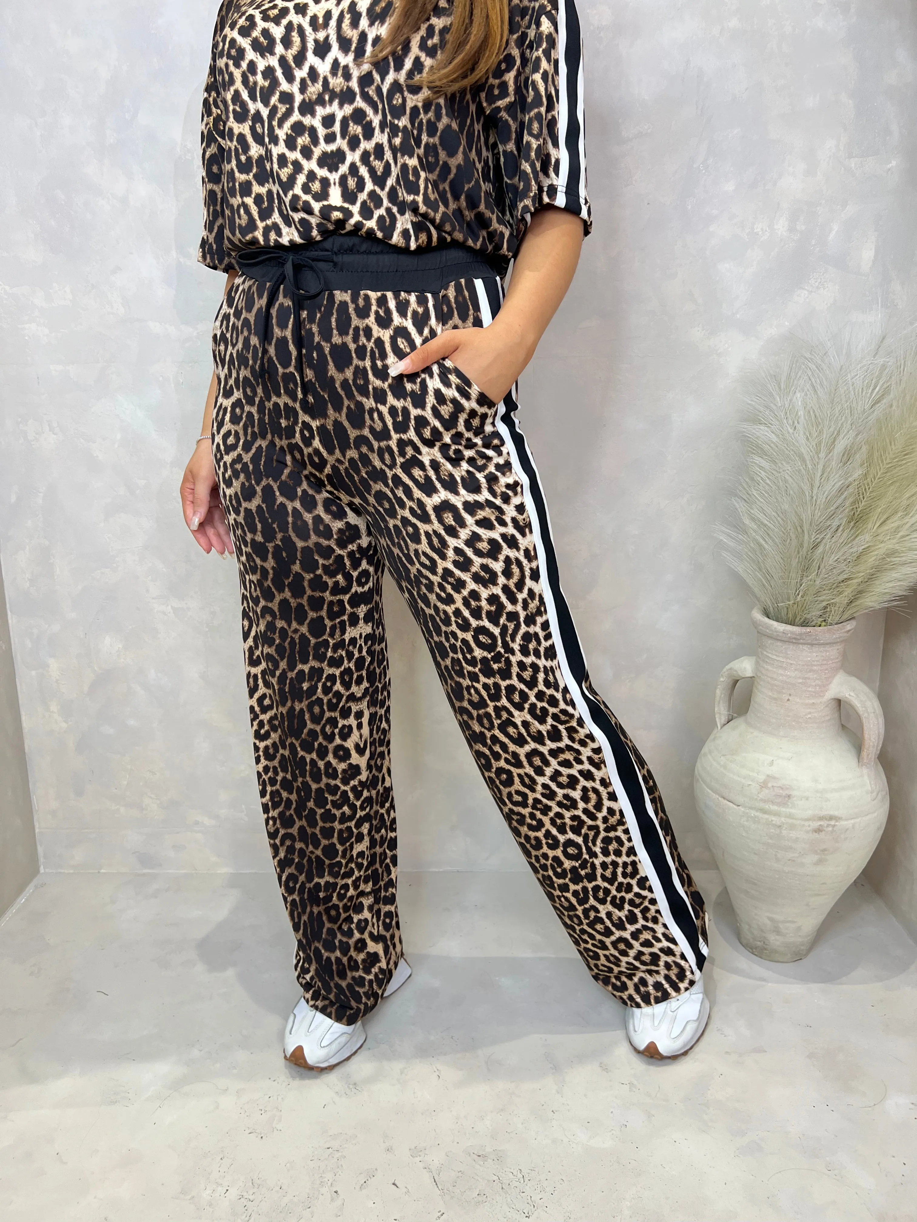 Leopard Print Black/White Side Stripe Trouser Set