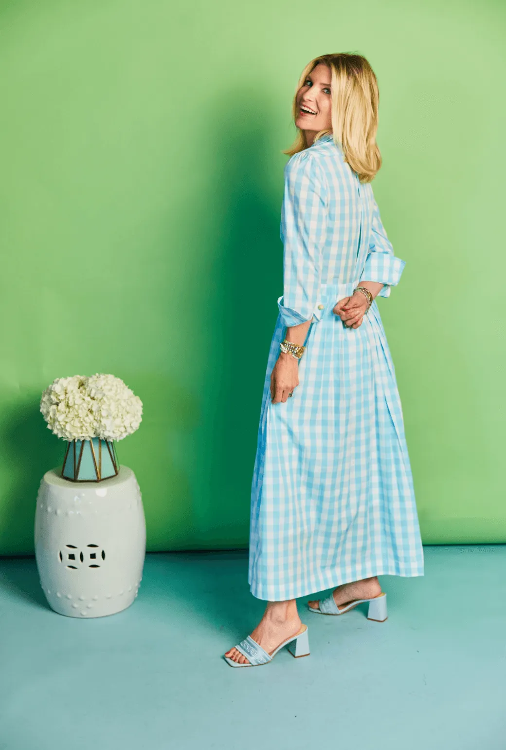 Long Sleeve Shirtdress - Aqua Gingham