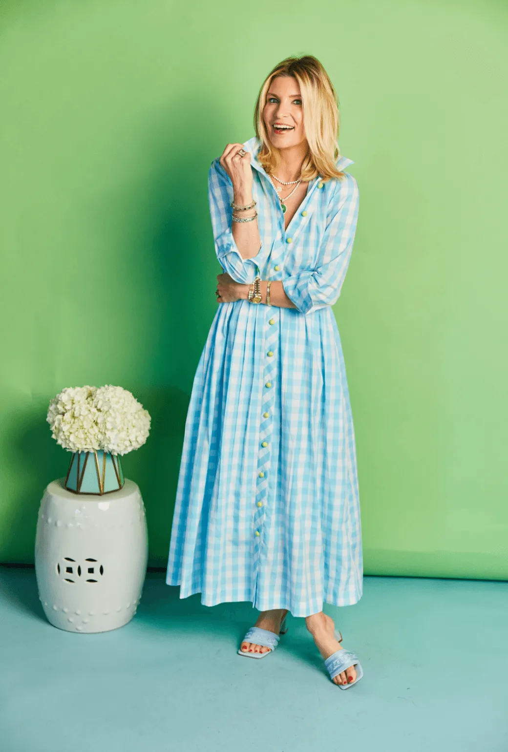 Long Sleeve Shirtdress - Aqua Gingham