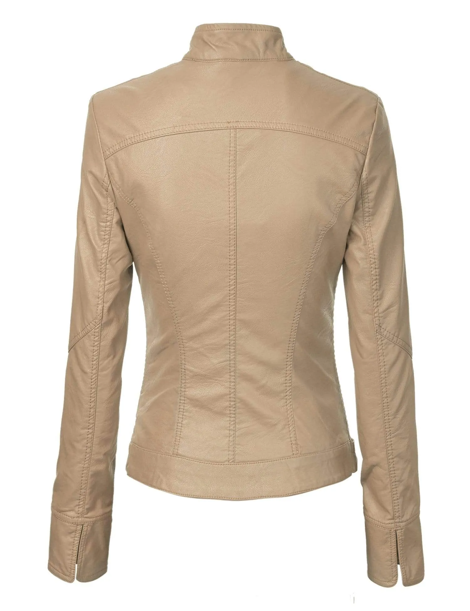 Made By Johnny MBJ Womens Faux Leather Zip Up Moto Biker Jacket with Stitching Detail