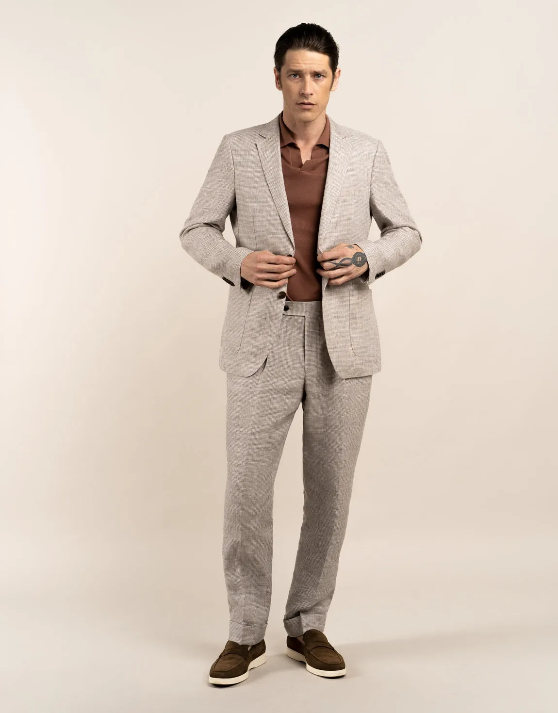 Malta Beige Houndstooth Linen Suit