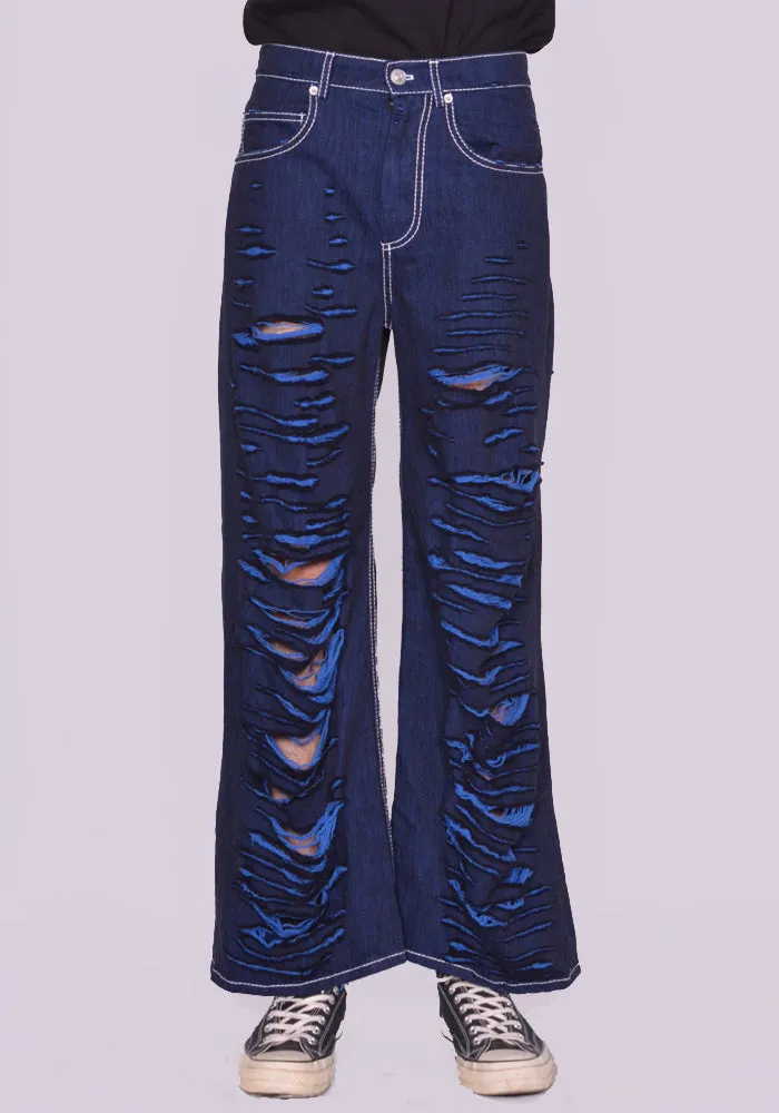 MARNI PUJU0060Y0 SLASHED WIDE DENIM TROUSERS BLUE