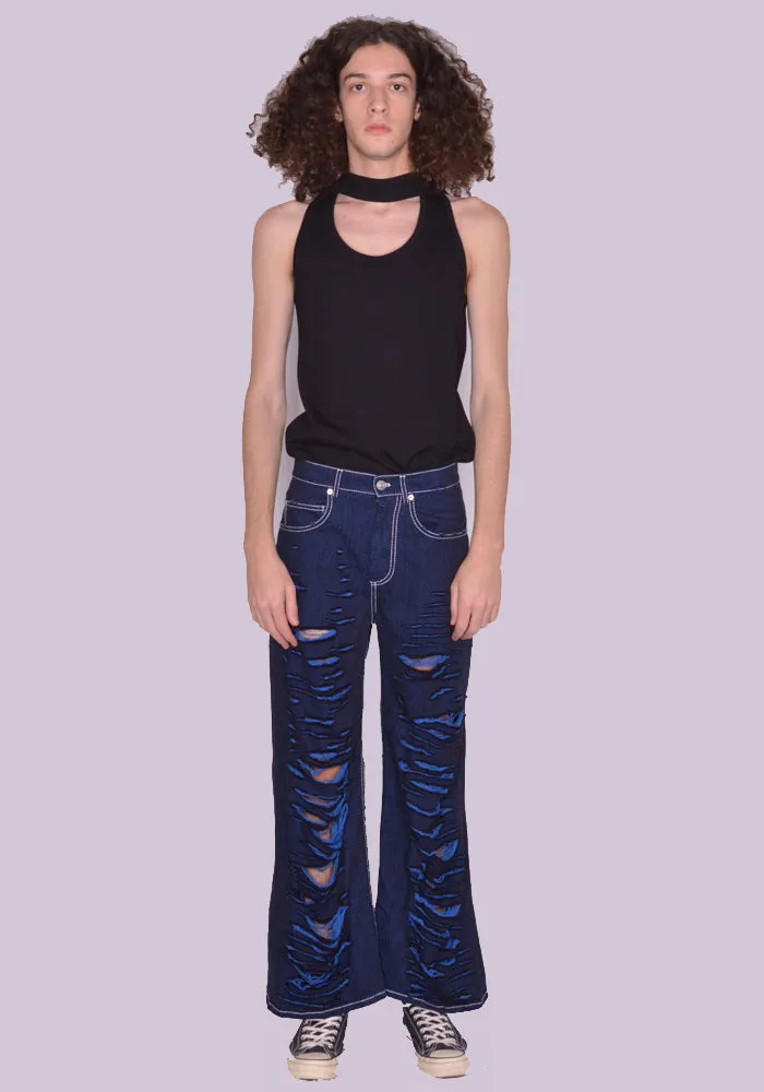 MARNI PUJU0060Y0 SLASHED WIDE DENIM TROUSERS BLUE