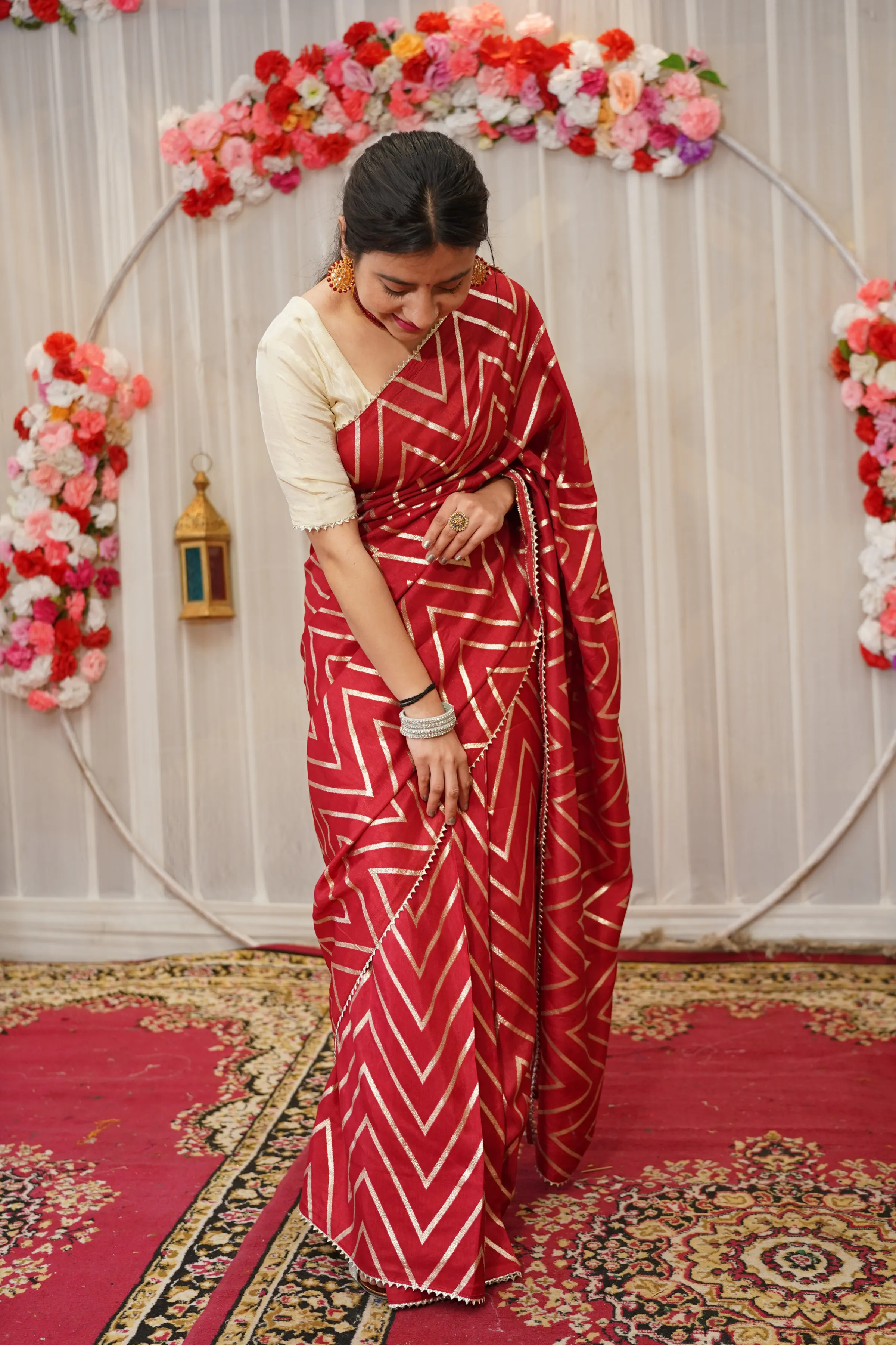 Maroon Gold Pre-Draped Silk Saree with Blouse