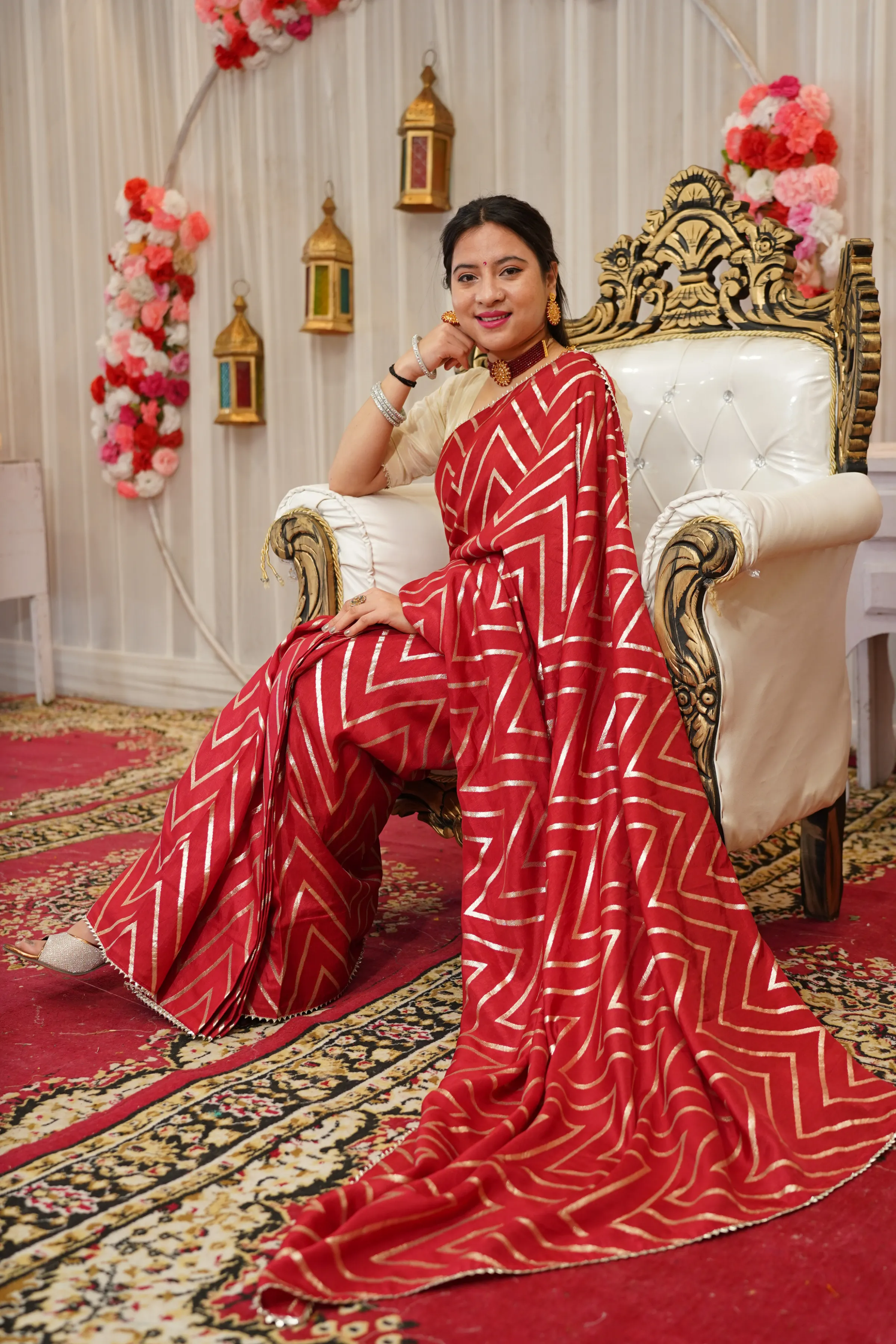 Maroon Gold Pre-Draped Silk Saree with Blouse