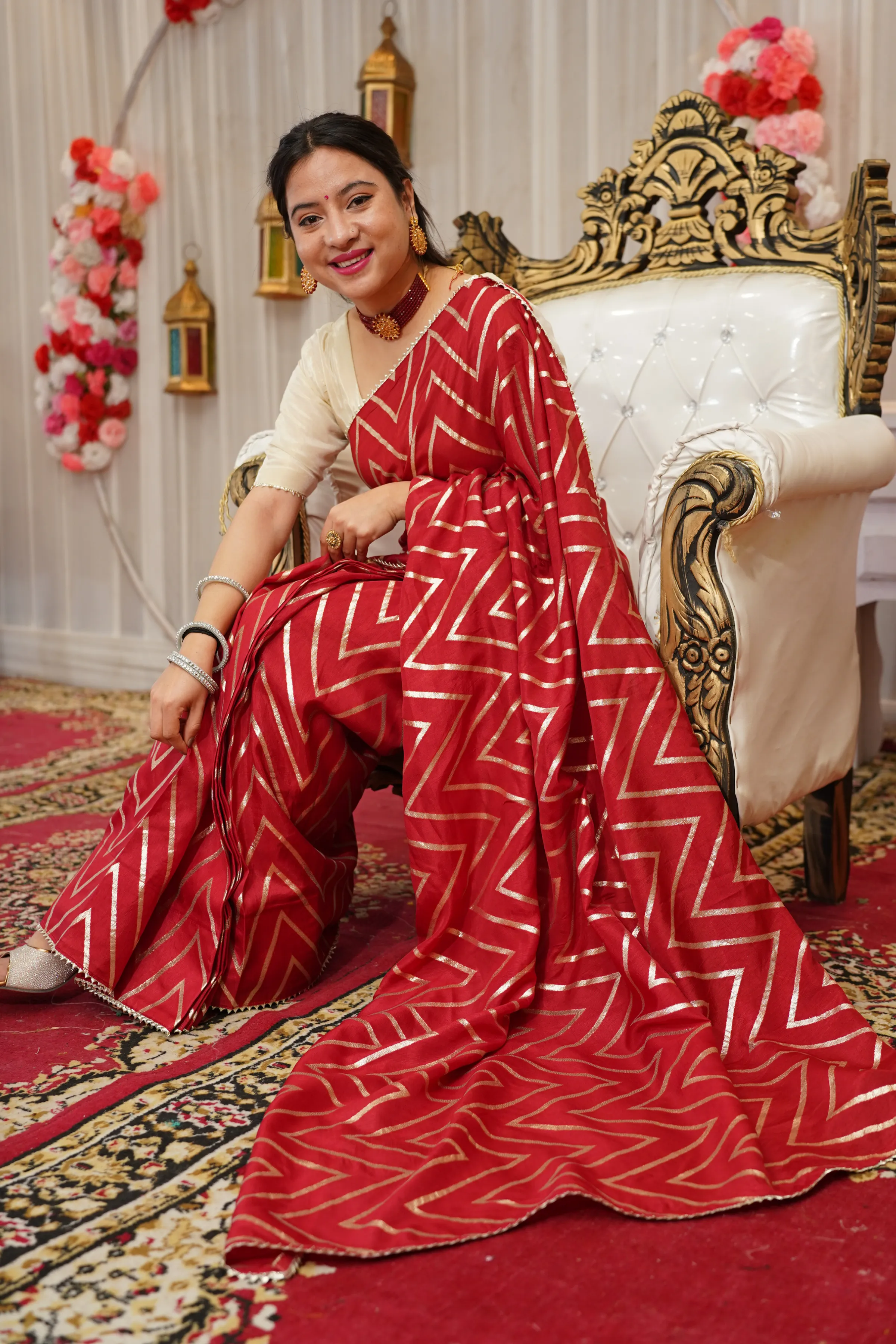 Maroon Gold Pre-Draped Silk Saree with Blouse