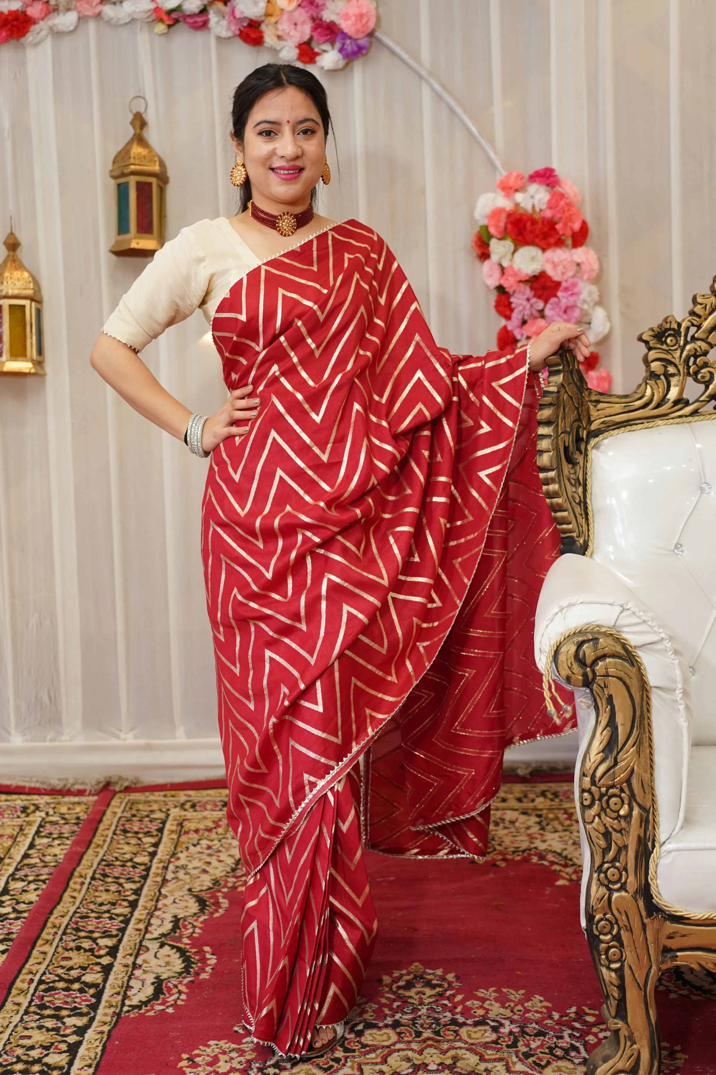 Maroon Gold Pre-Draped Silk Saree with Blouse