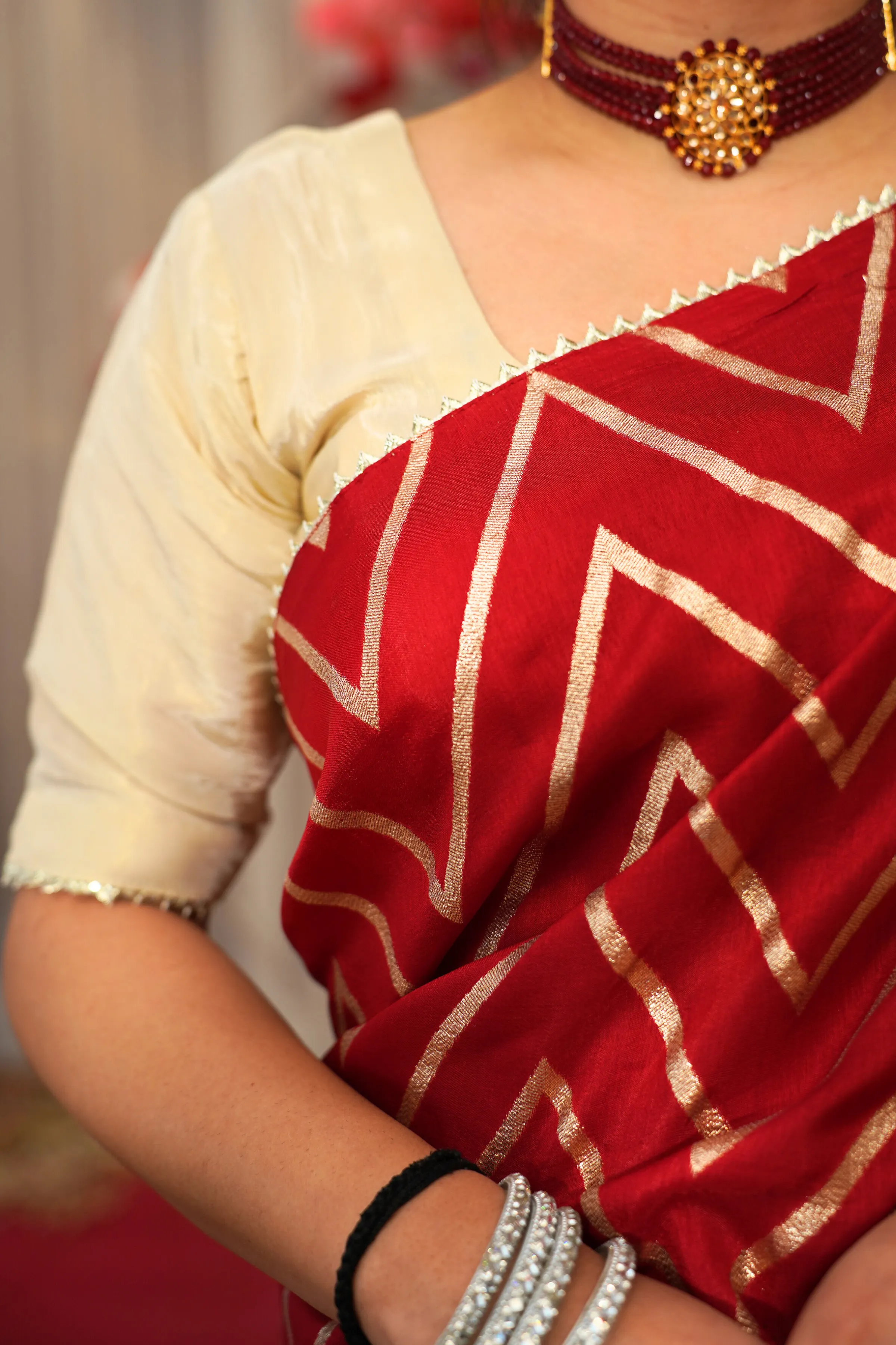 Maroon Gold Pre-Draped Silk Saree with Blouse