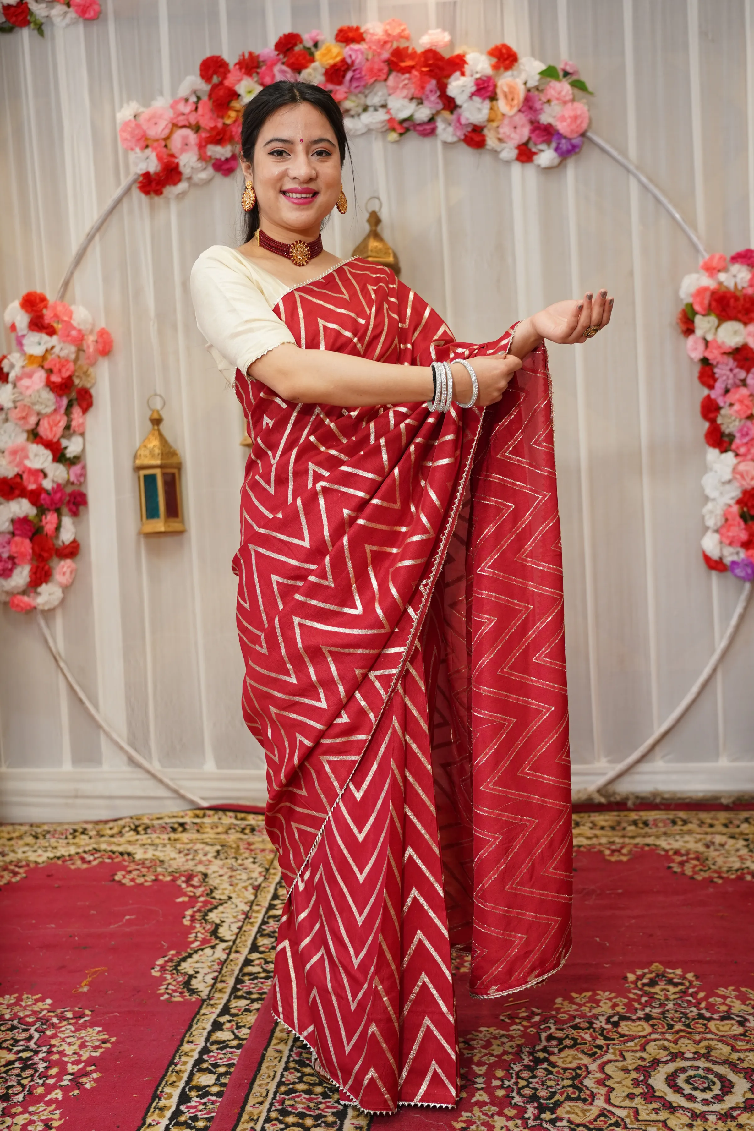 Maroon Gold Pre-Draped Silk Saree with Blouse