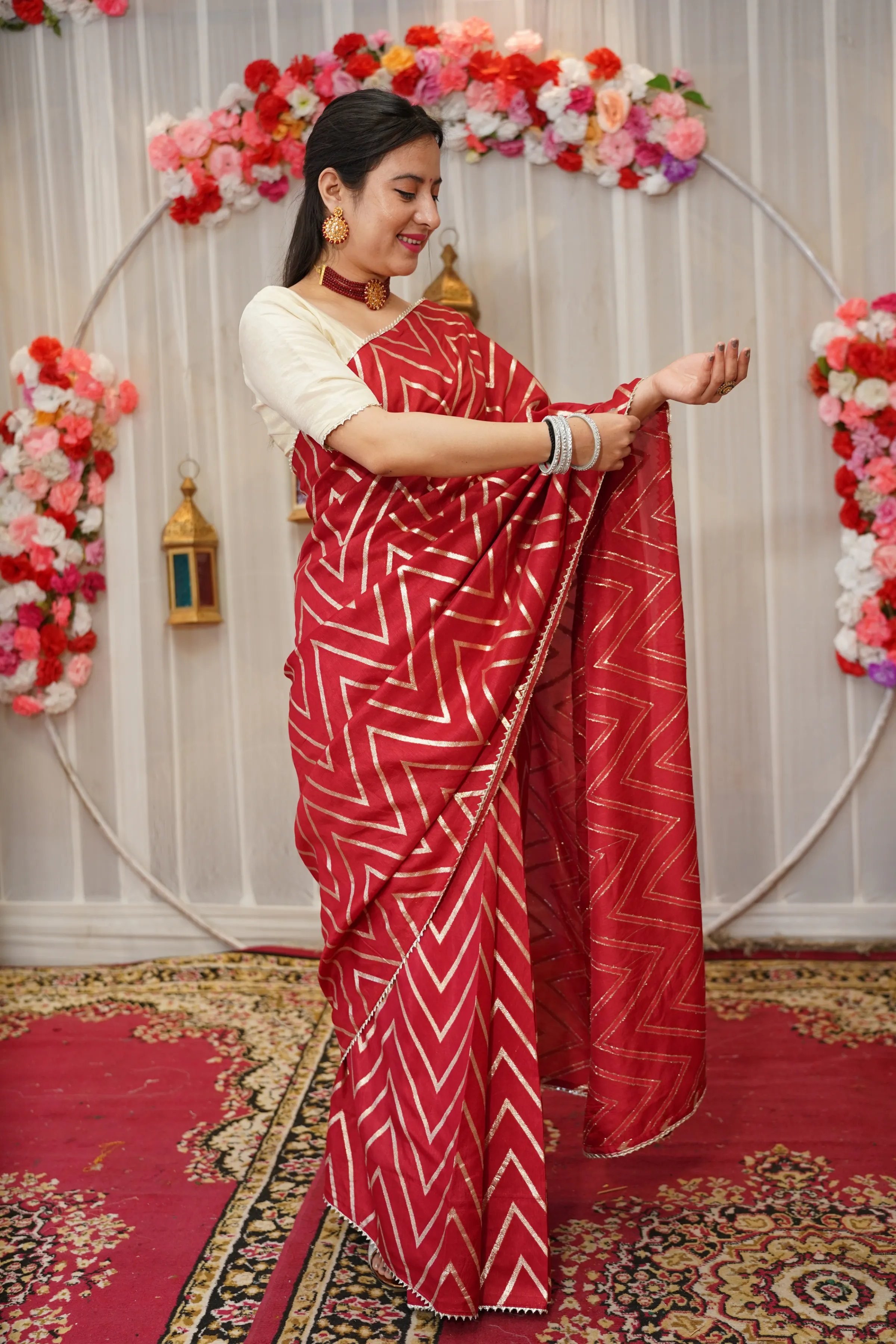 Maroon Gold Pre-Draped Silk Saree with Blouse