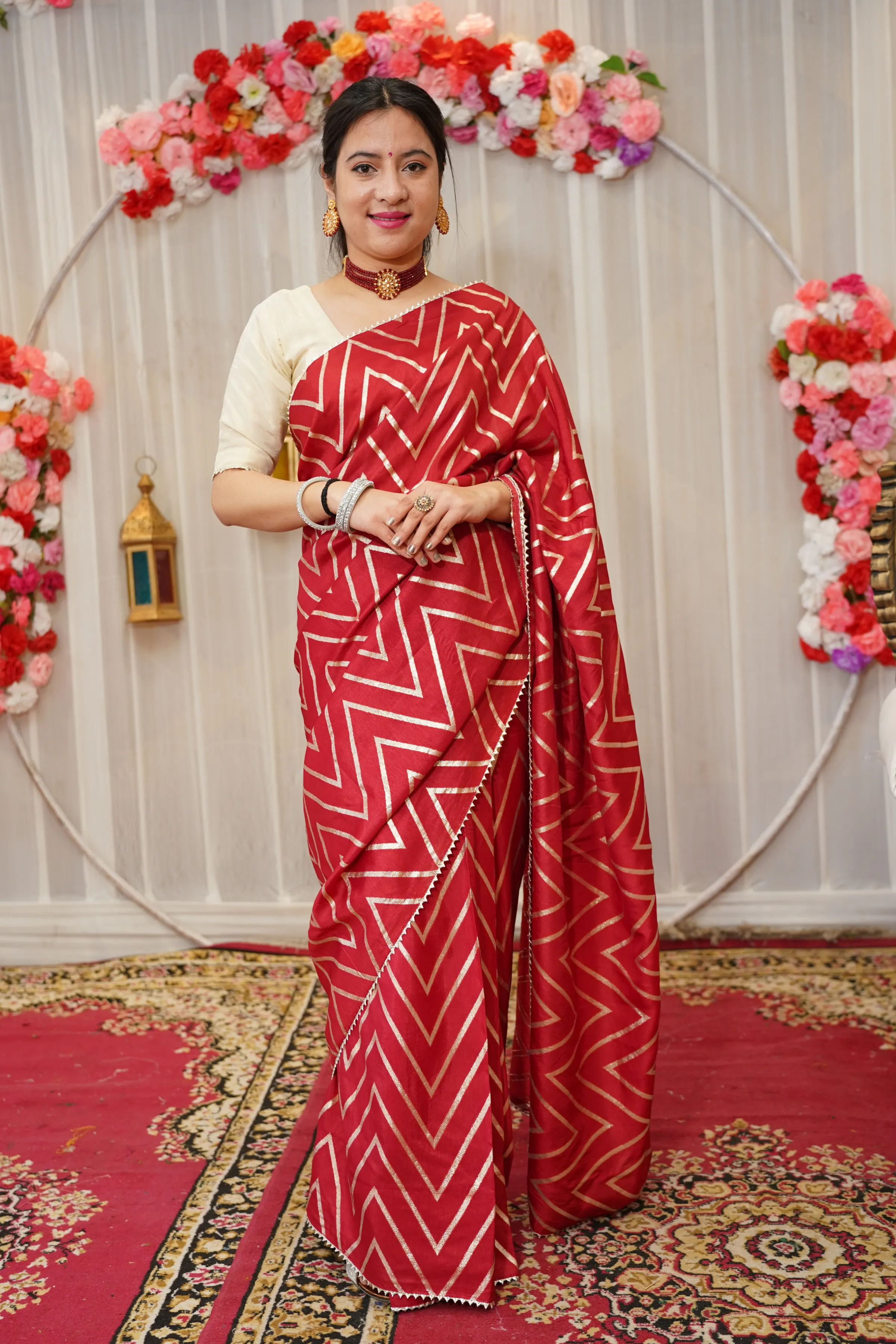 Maroon Gold Pre-Draped Silk Saree with Blouse