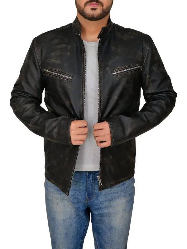 Men Distressed Black Cafe Racer Jacket