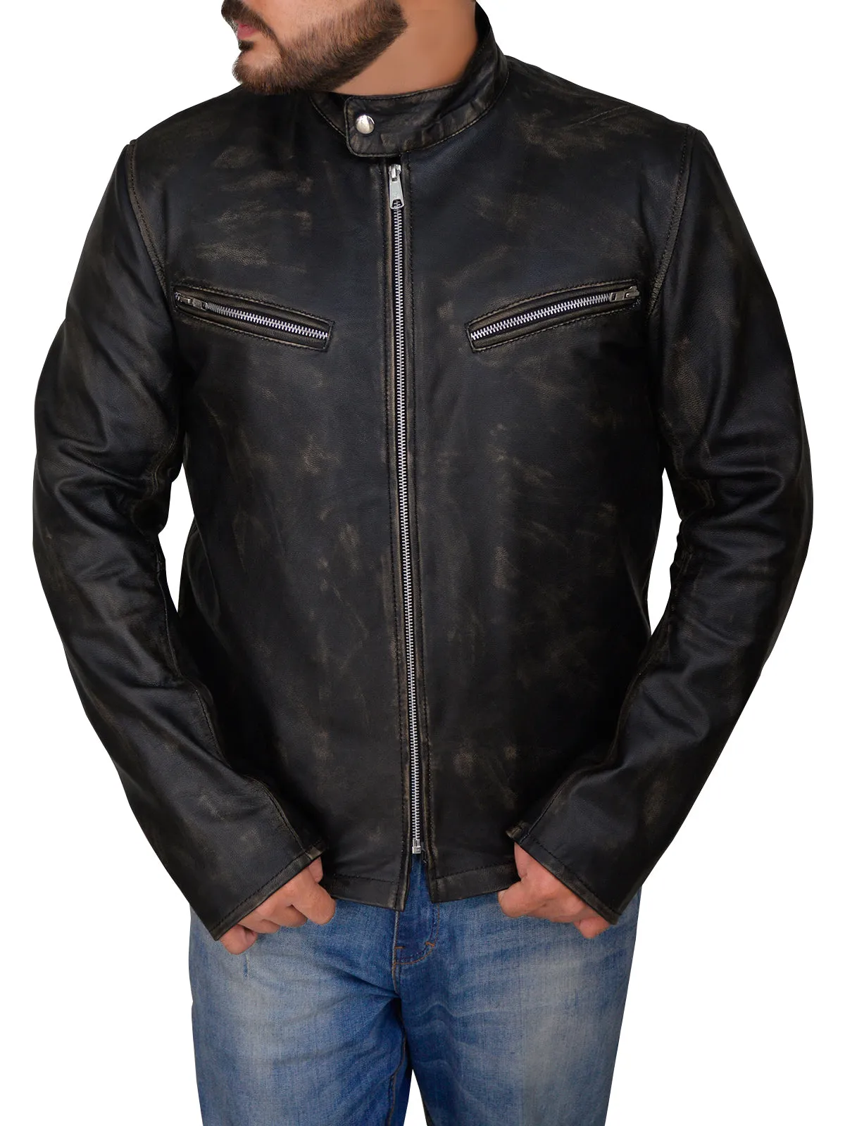 Men Distressed Black Cafe Racer Jacket