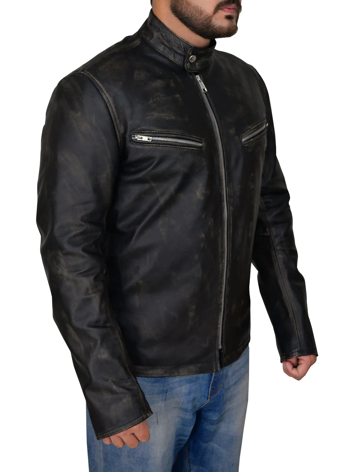 Men Distressed Black Cafe Racer Jacket