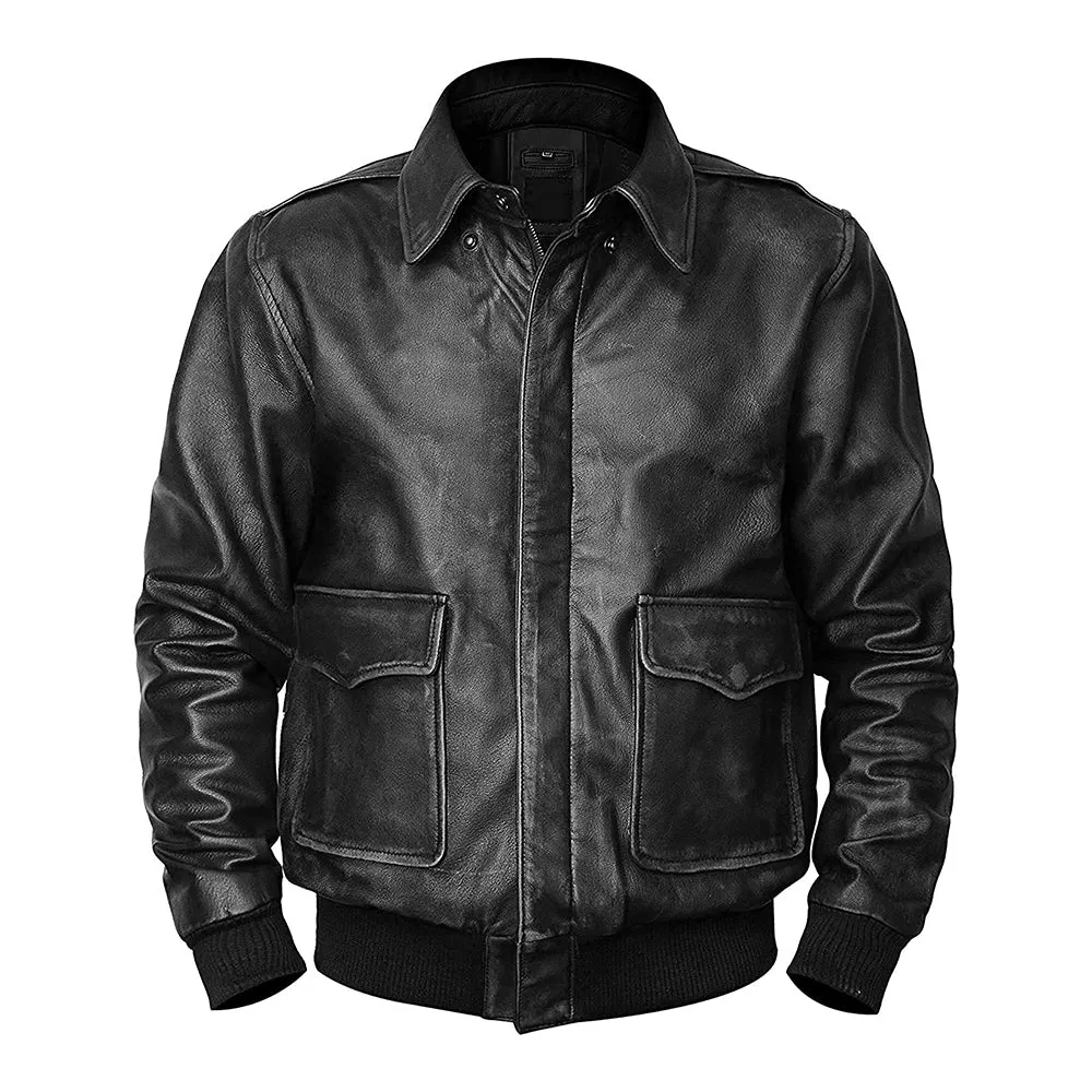 Men’s A2 Flight Aviator Black Pilot Bomber Leather Jacket