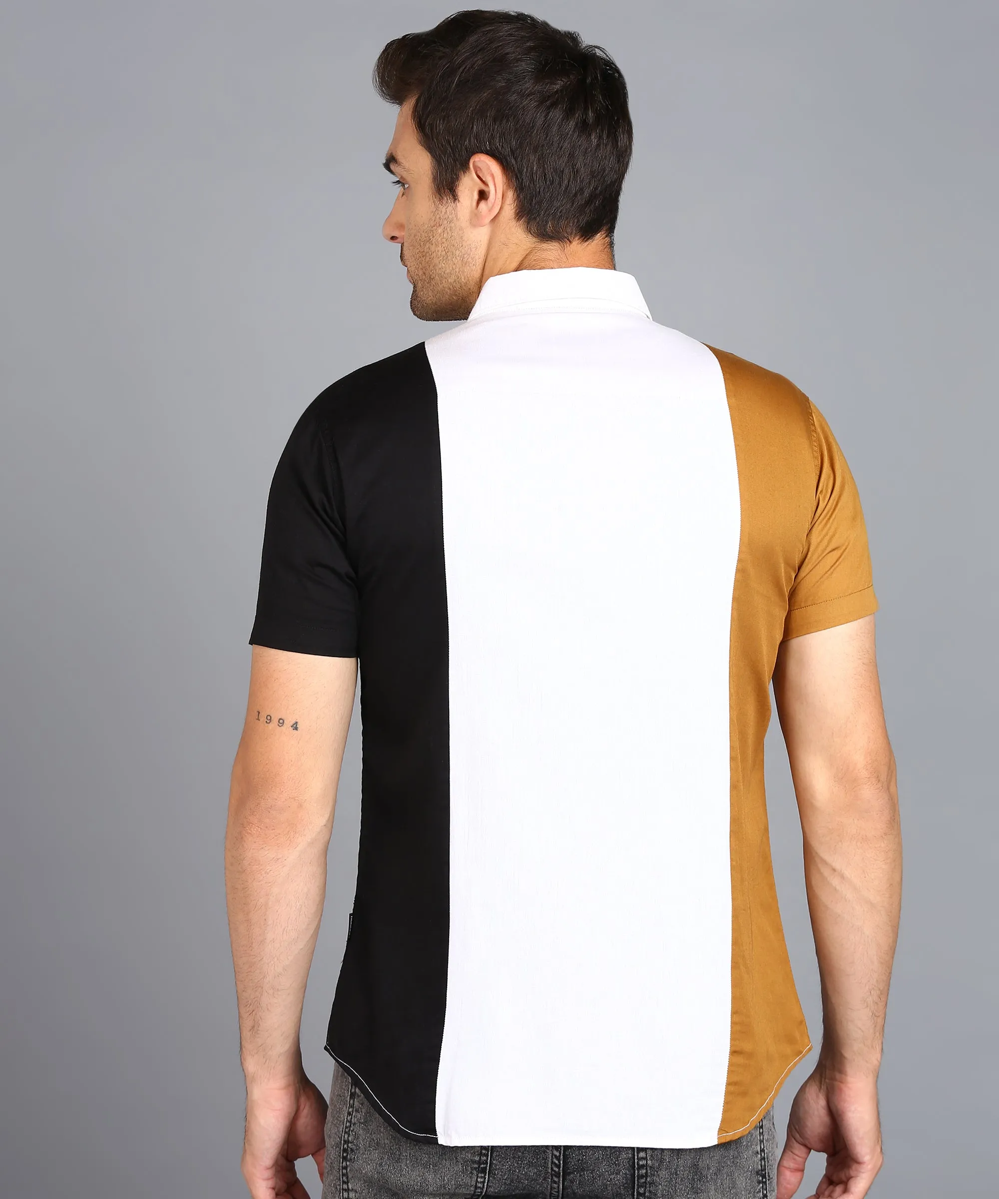 Men's Beige, Off White, Black Cotton Half Sleeve Slim Fit Casual Colorblock Shirt