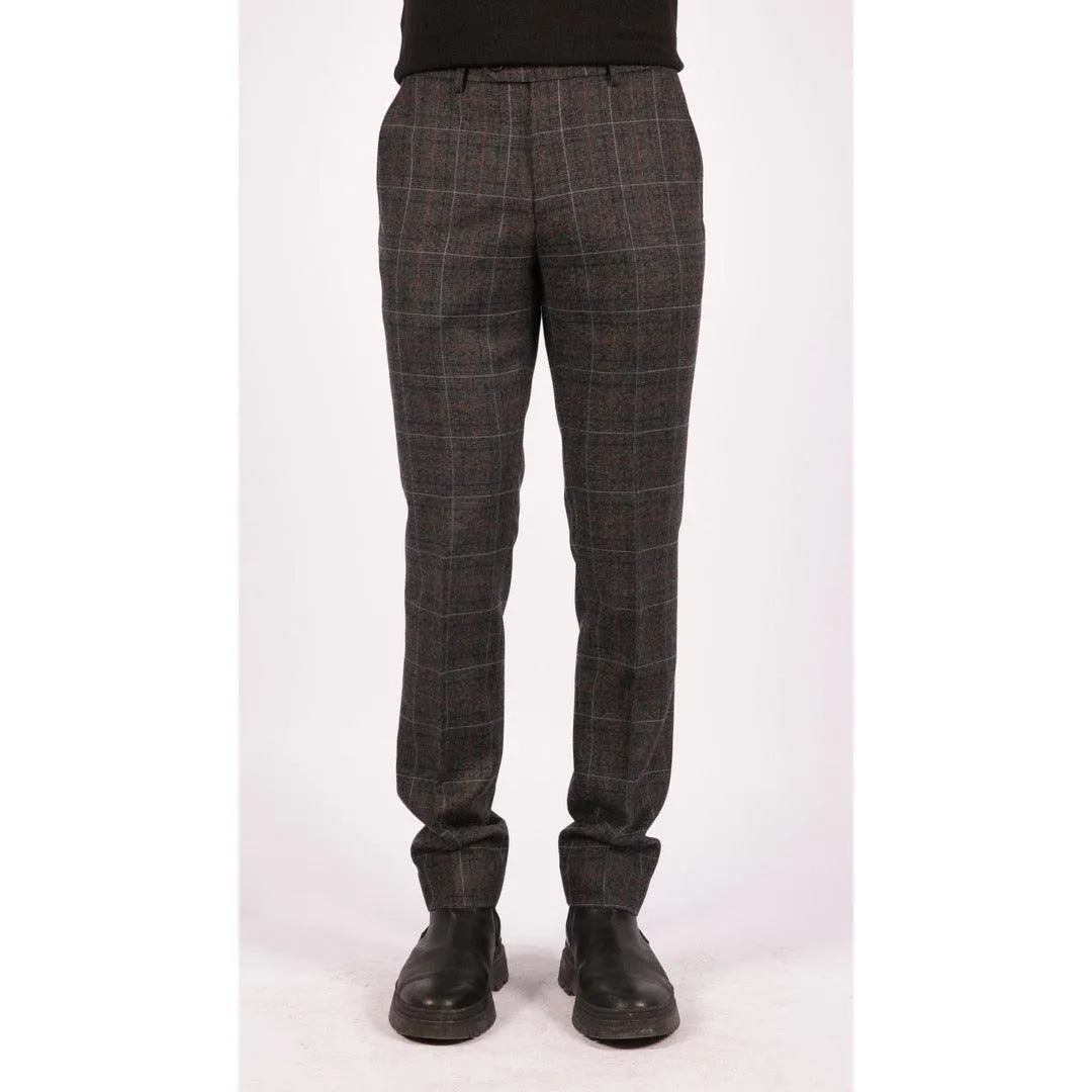 Mens Navy Blue Grey Charcoal Tweed Check Trousers Peaky Blinders Vintage