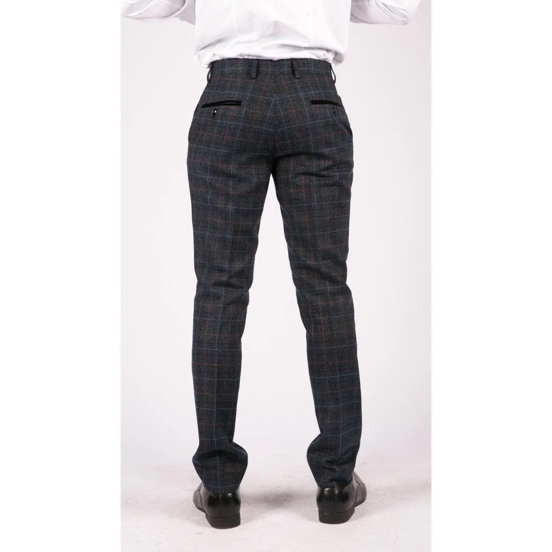 Mens Navy Blue Grey Charcoal Tweed Check Trousers Peaky Blinders Vintage