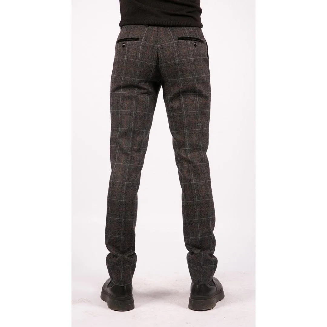 Mens Navy Blue Grey Charcoal Tweed Check Trousers Peaky Blinders Vintage