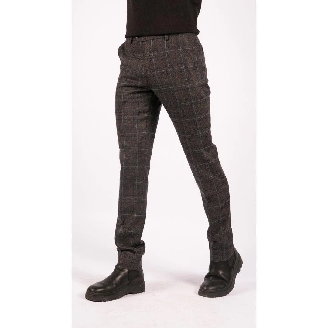 Mens Navy Blue Grey Charcoal Tweed Check Trousers Peaky Blinders Vintage