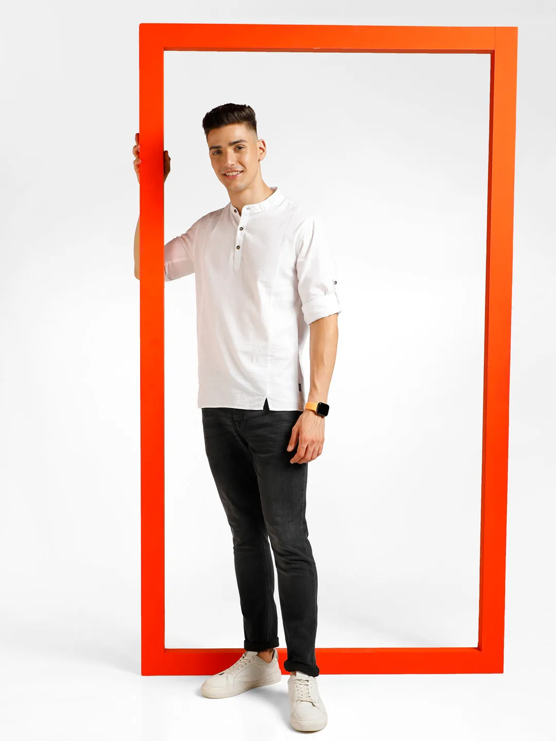 Men's Off White Cotton Full Sleeve Slim Fit Casual Solid Shirt