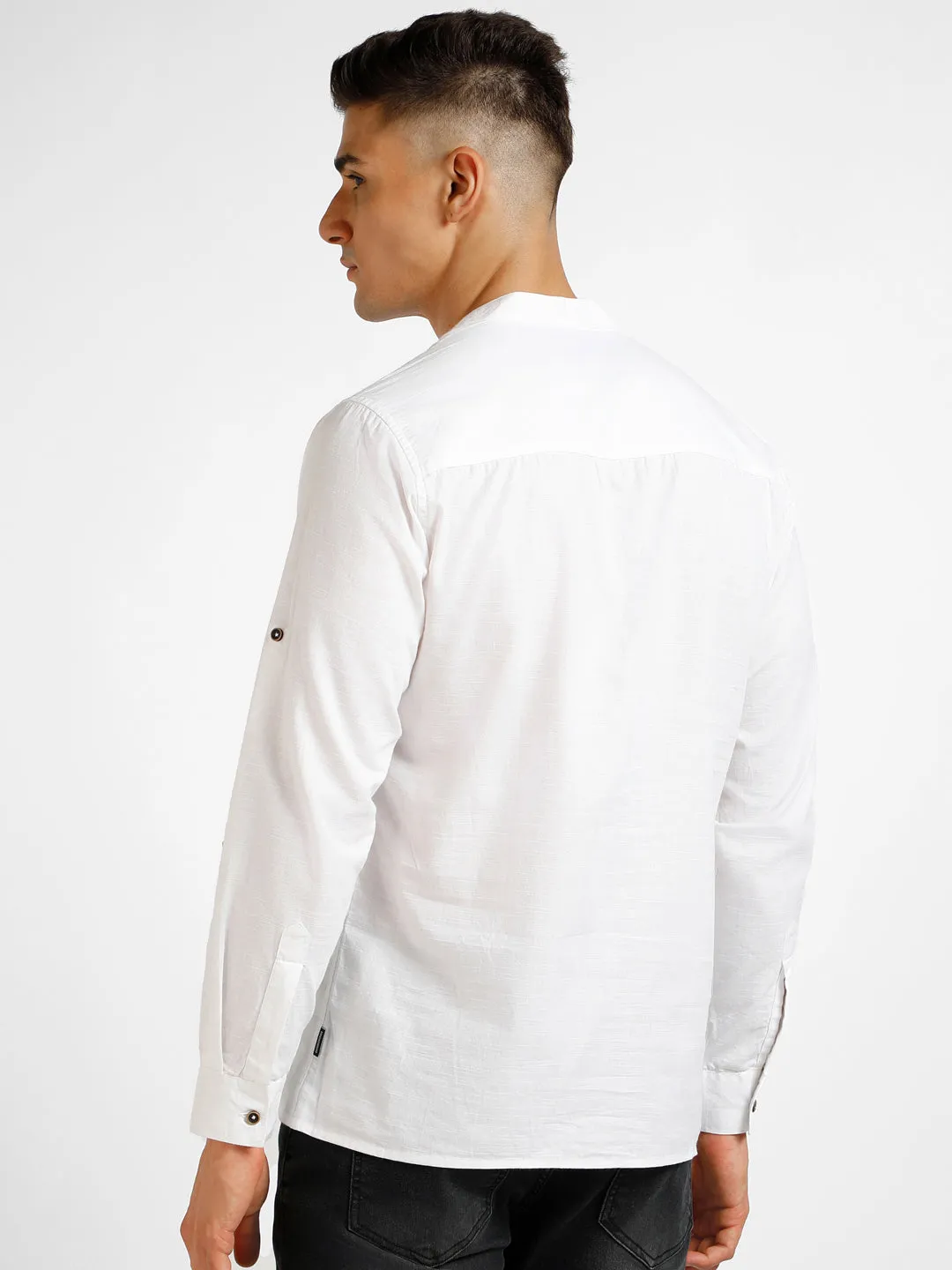 Men's Off White Cotton Full Sleeve Slim Fit Casual Solid Shirt