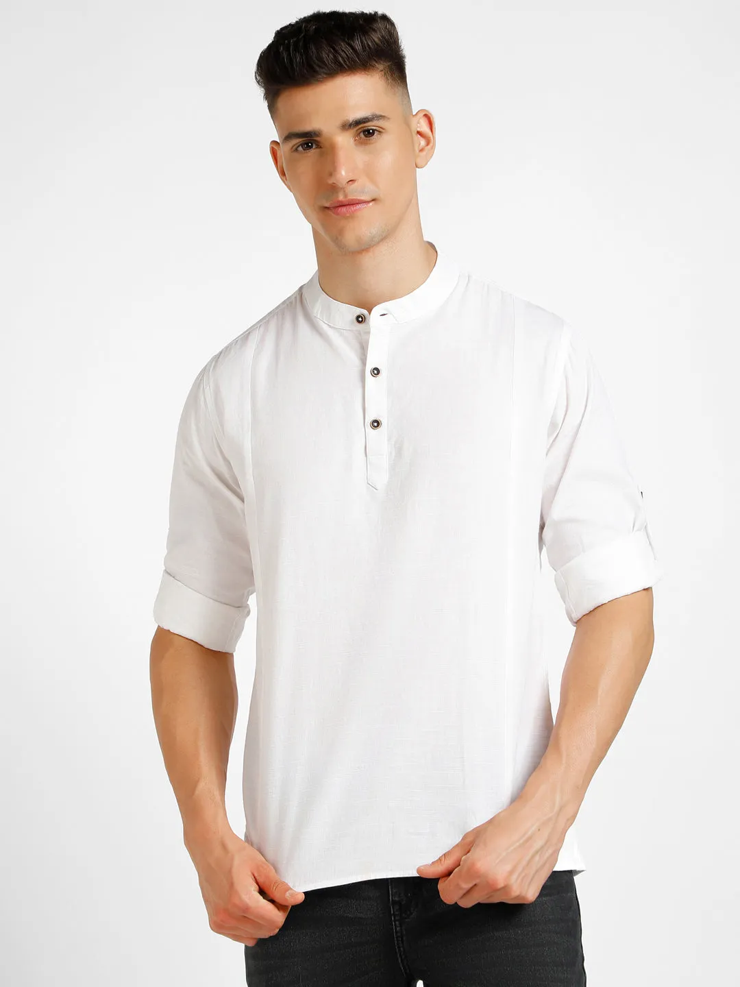 Men's Off White Cotton Full Sleeve Slim Fit Casual Solid Shirt