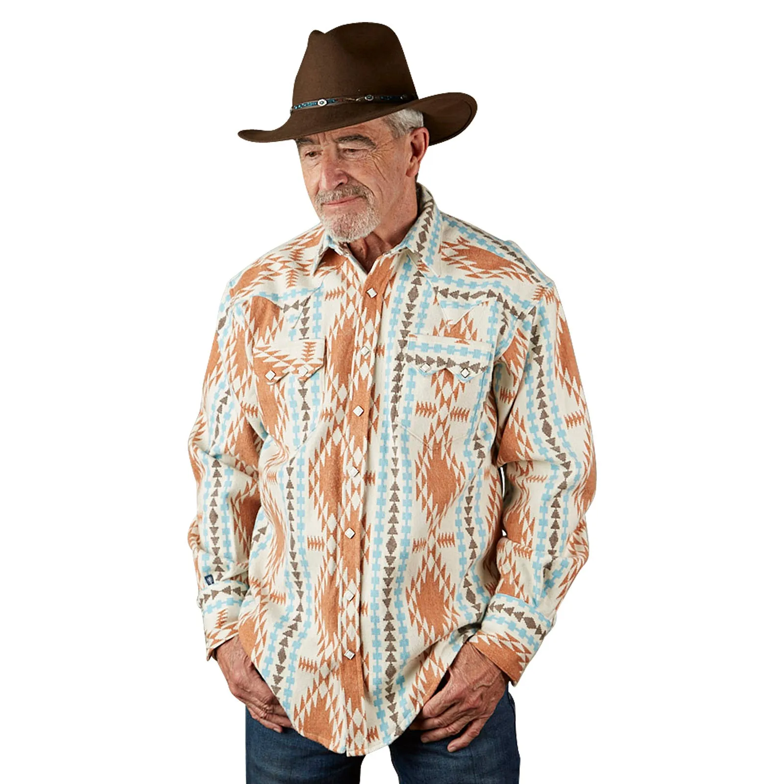 Men's Premium Flannel Jacquard Western Shirt in Ivory & Brown