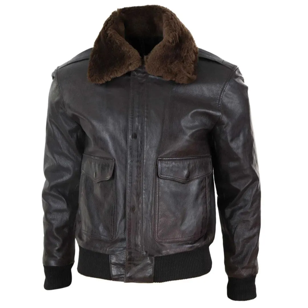 Mens Real Leather Aviator Bomber Jacket Removable Fur Collar Pilot Flying Jacket