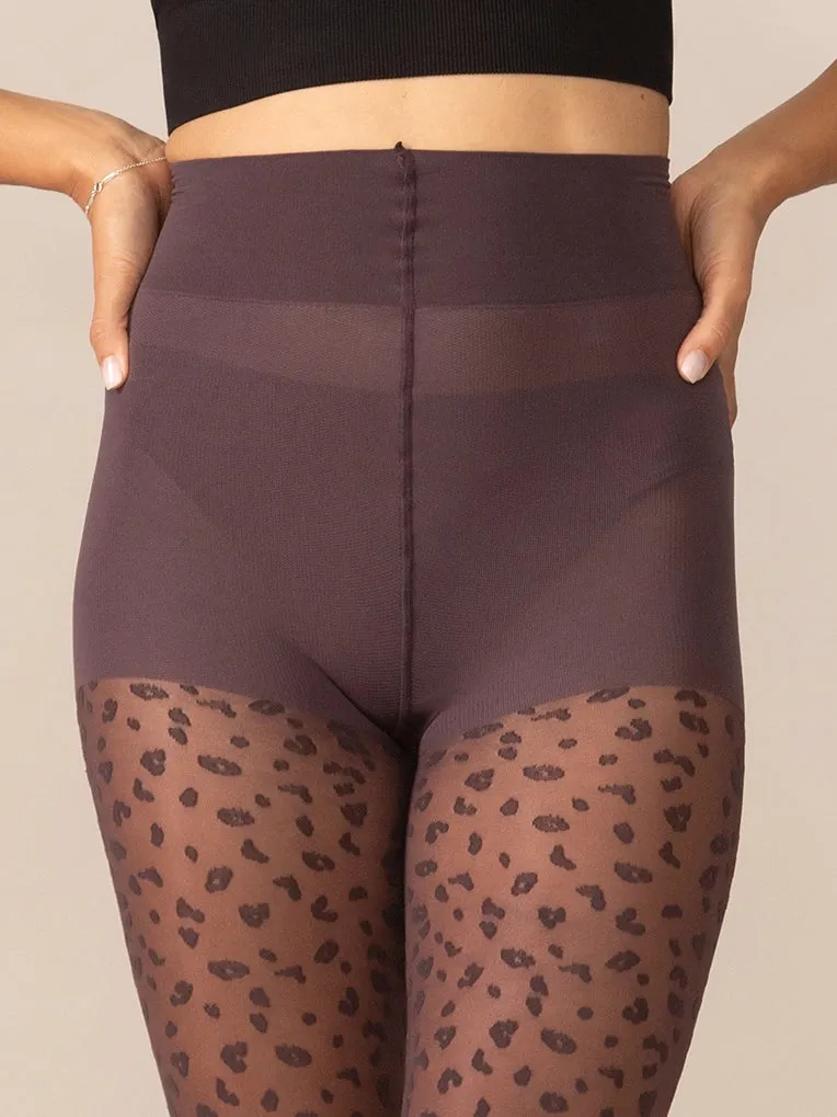 Mini Leopard Smoothing Waistband Tights in Plum