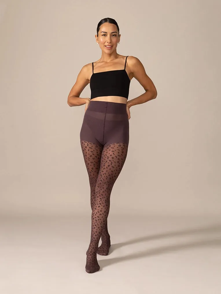 Mini Leopard Smoothing Waistband Tights in Plum