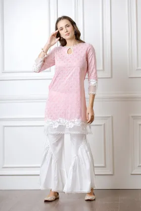 Mulmul Clover Pink Kurta With Hazel Bellbottoms