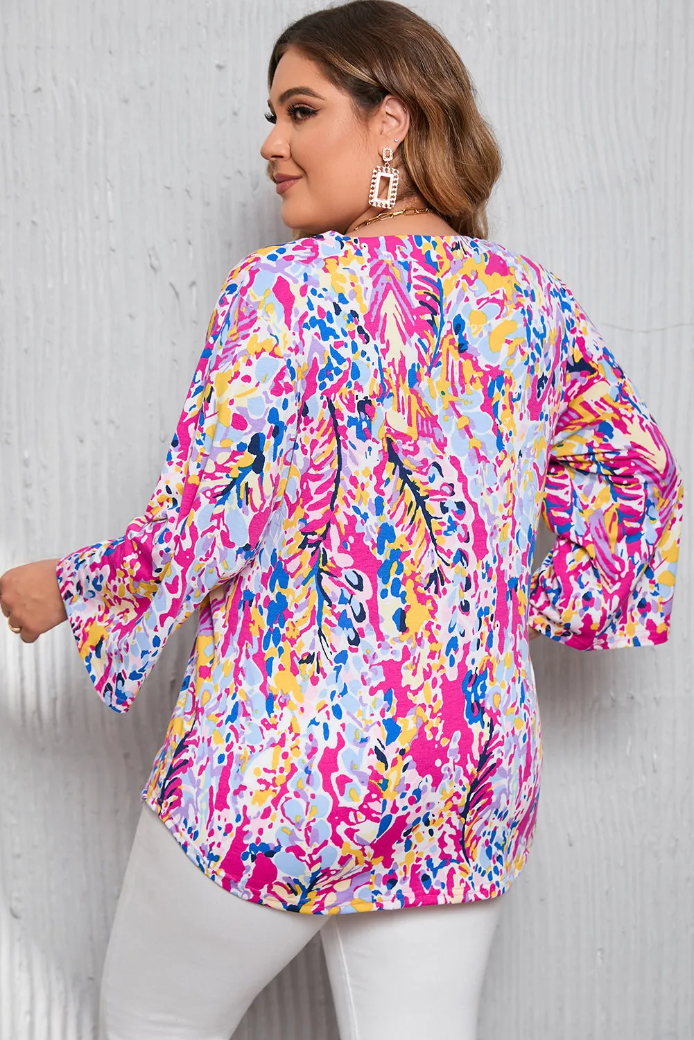 Multicolor Printed 3/4 Sleeve Split Neck Plus Size Tunic Top