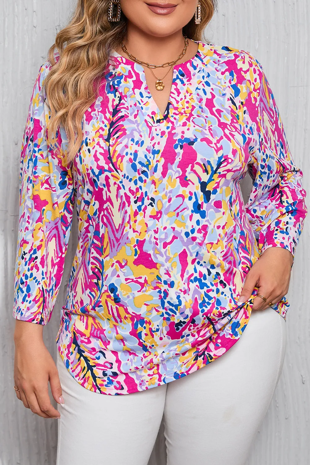 Multicolor Printed 3/4 Sleeve Split Neck Plus Size Tunic Top