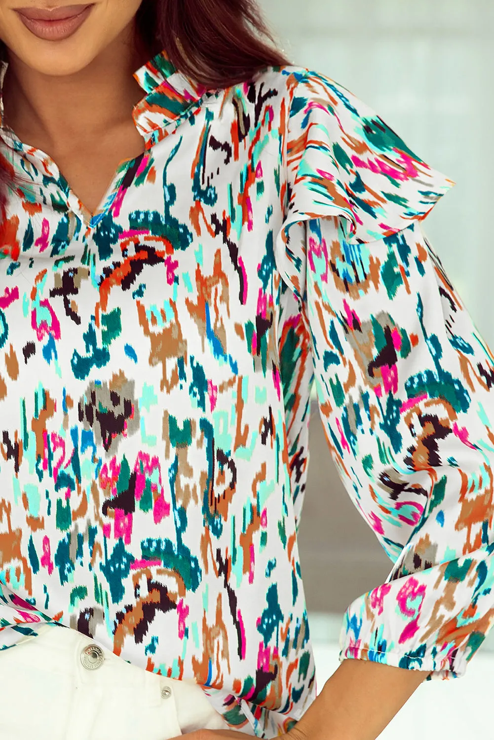 Multicolour Abstract Print 3/4 Puff Sleeve Ruffle Blouse