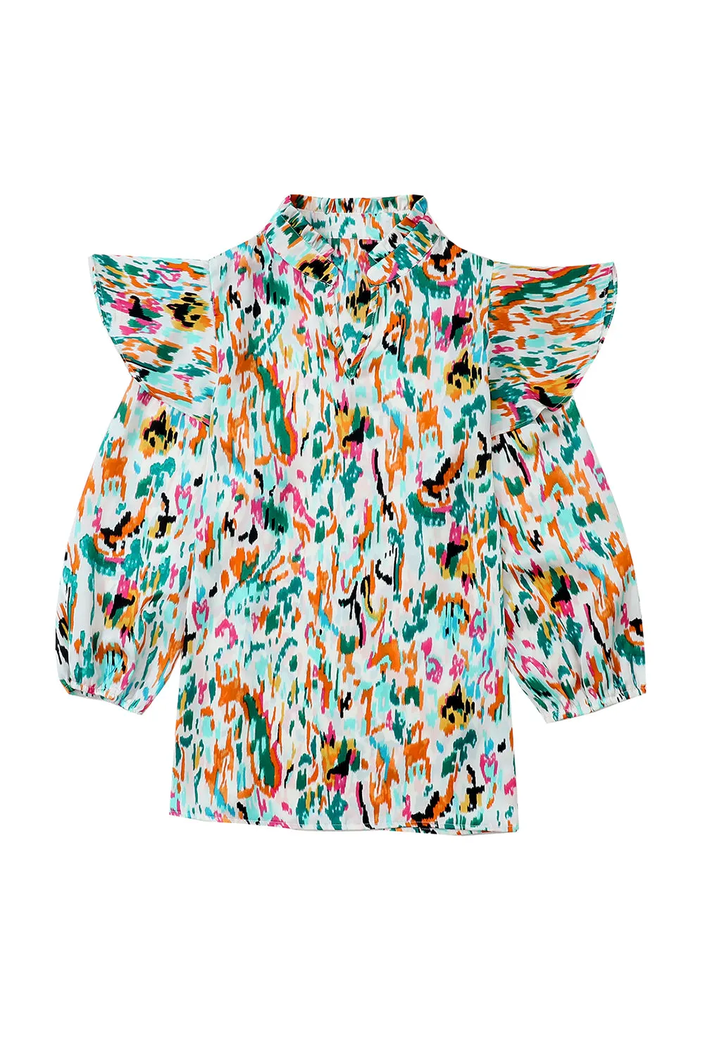 Multicolour Abstract Print 3/4 Puff Sleeve Ruffle Blouse