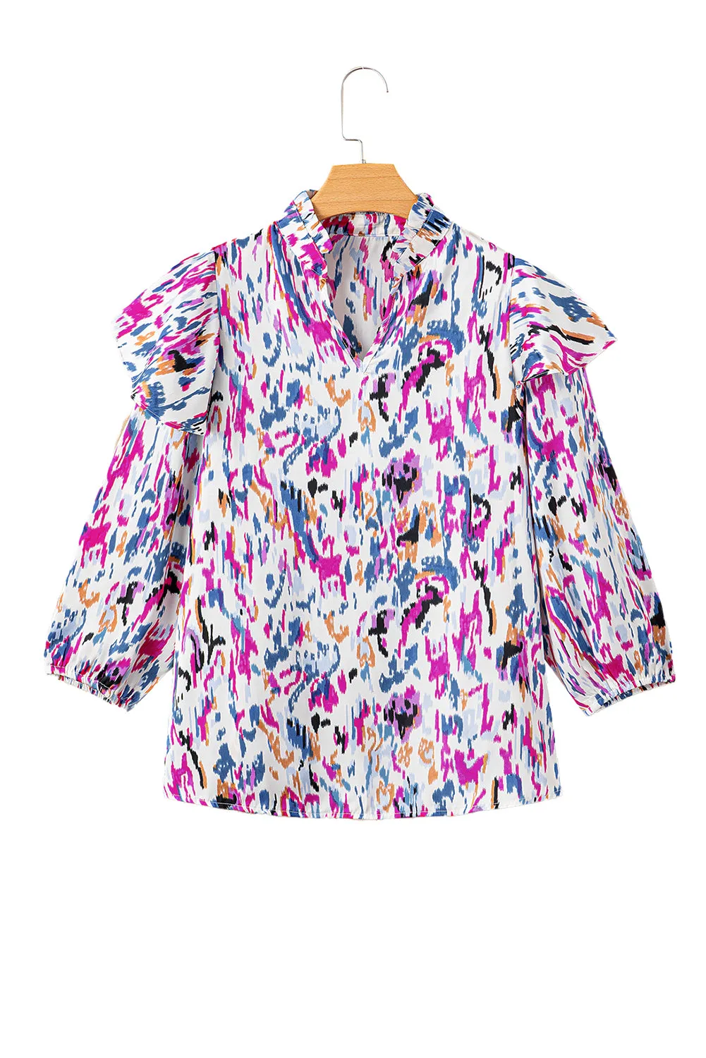 Multicolour Abstract Print 3/4 Puff Sleeve Ruffle Blouse