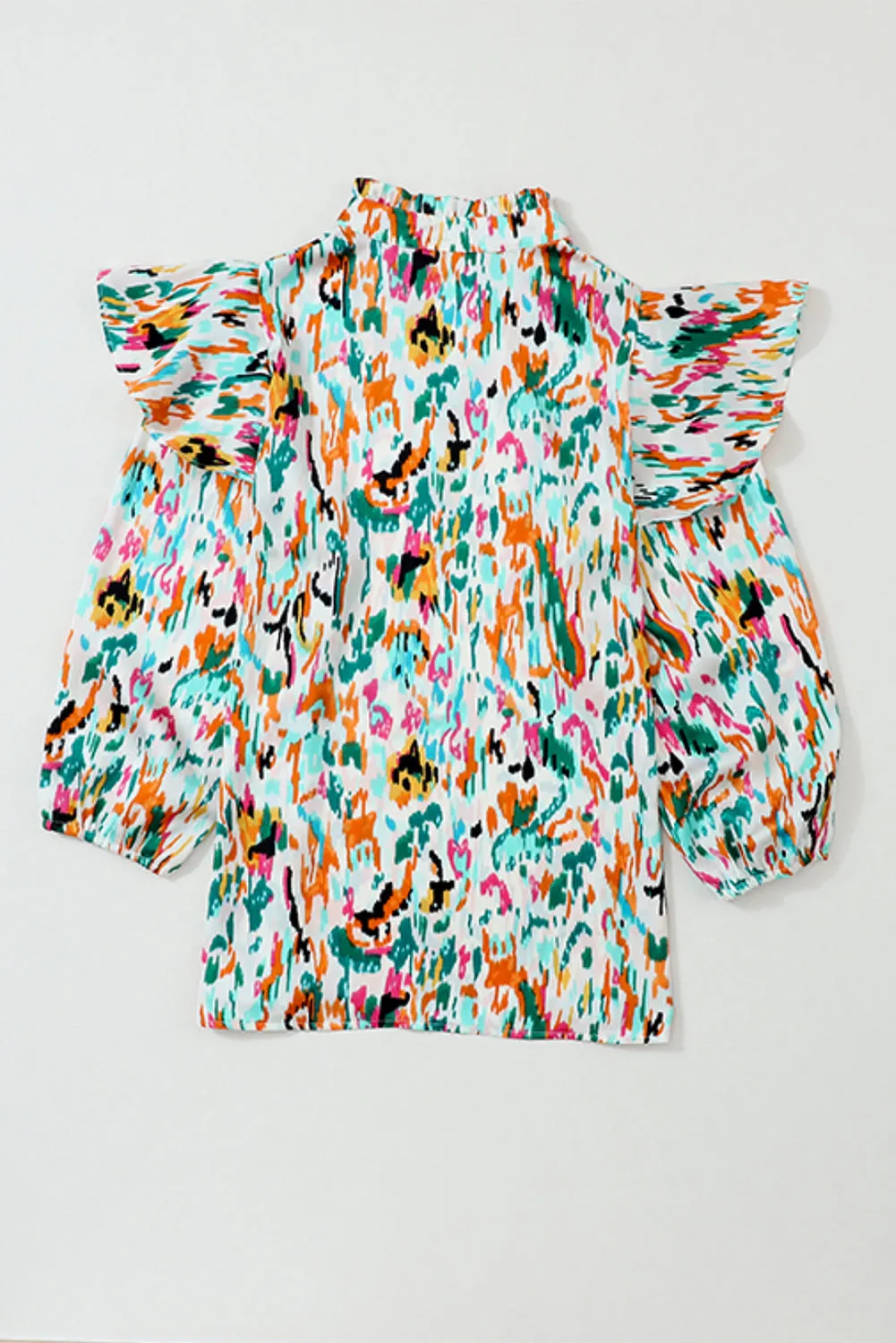 Multicolour Abstract Print 3/4 Puff Sleeve Ruffle Blouse