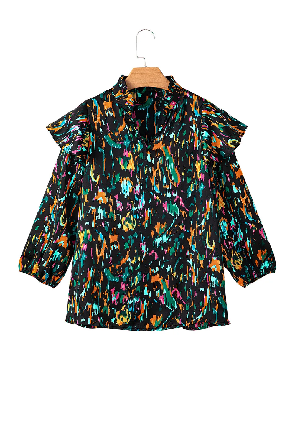 Multicolour Abstract Print 3/4 Puff Sleeve Ruffle Blouse