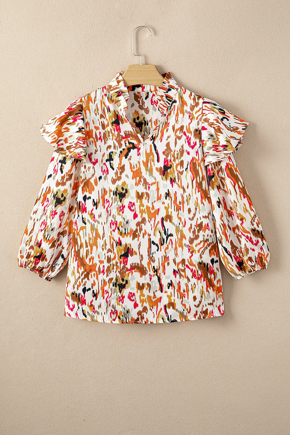 Multicolour Abstract Print 3/4 Puff Sleeve Ruffle Blouse