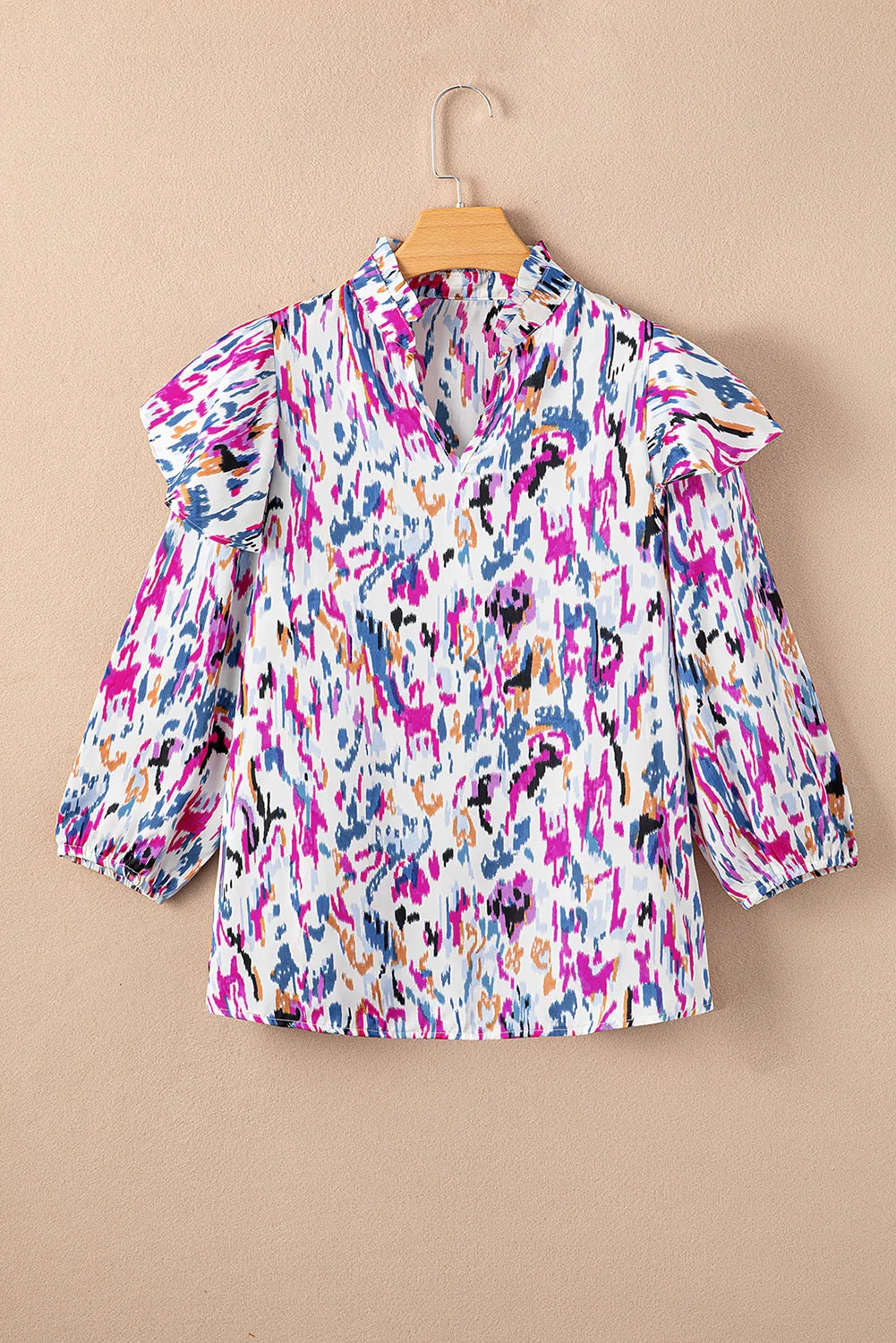 Multicolour Abstract Print 3/4 Puff Sleeve Ruffle Blouse