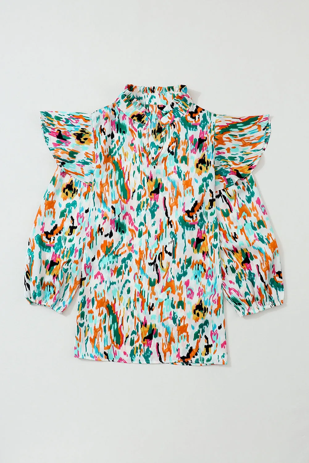 Multicolour Abstract Print 3/4 Puff Sleeve Ruffle Blouse