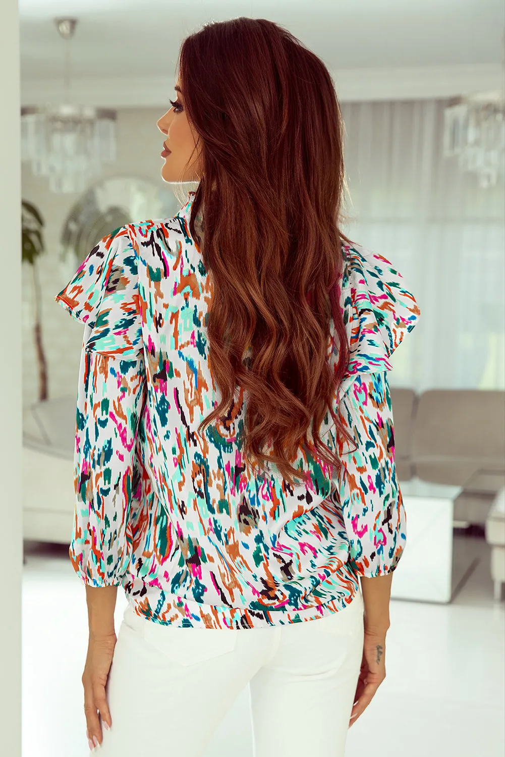 Multicolour Abstract Print 3/4 Puff Sleeve Ruffle Blouse